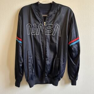 NASA Bomber Jacket 1980 VTG Satin Reversible Navy Blue Flag Patch Spaceship Moon